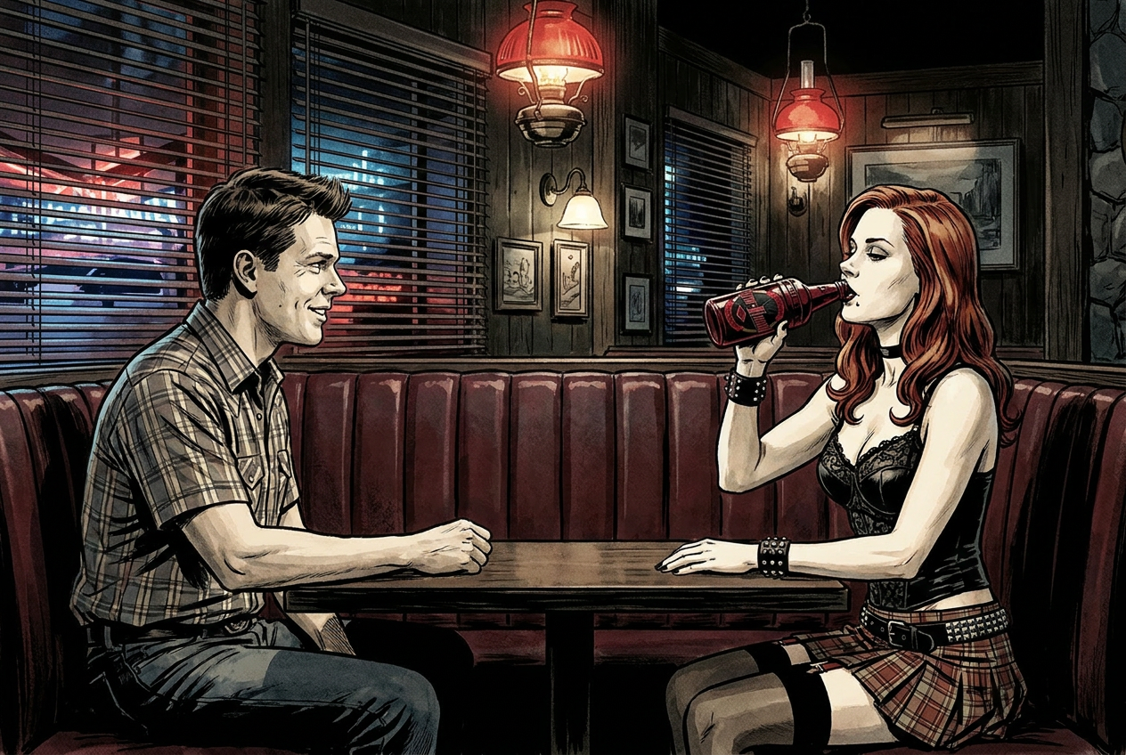2E — NEW · side view · red tufted booths & red lamps · Jessica sips Tru Blood