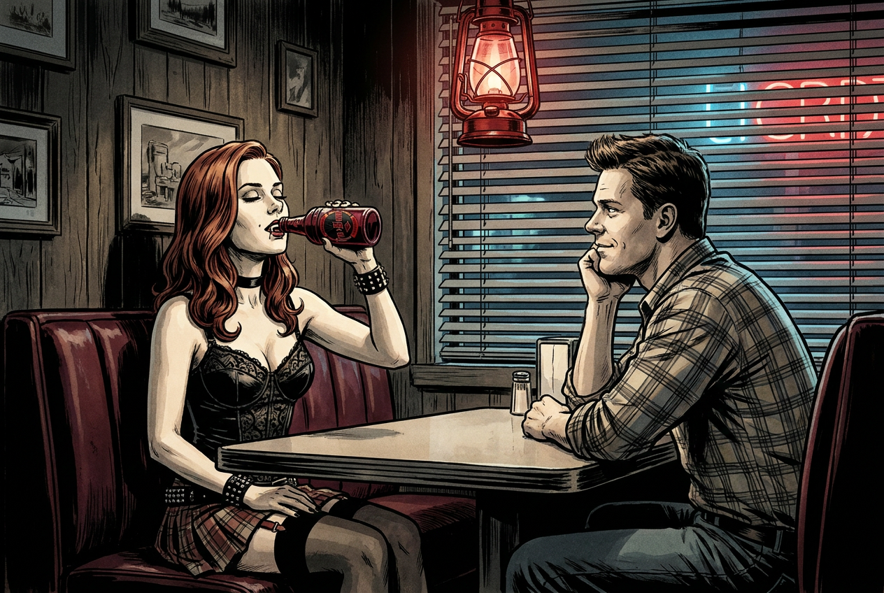 2I — Mirrored closer · eyes-closed sip · Hoyt chin-on-hand smitten