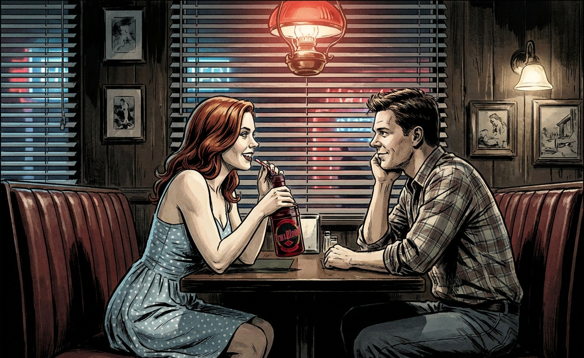 2L — ★ Your pick · blue polka-dot sundress · warm-gold wave lyric, two rows below the table