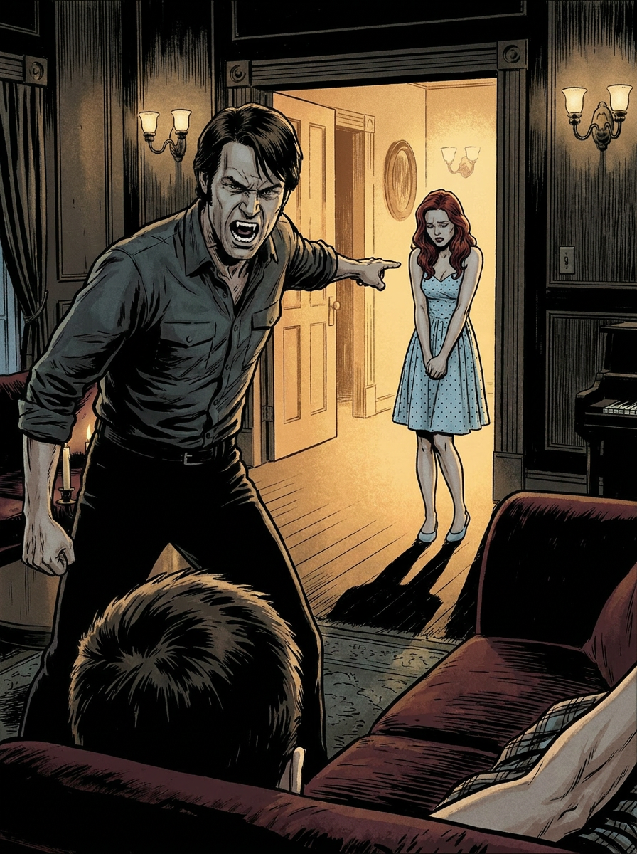 4LA — LEFT option A · Bill points to the door, fangs bared · Hoyt's head bottom foreground · sheepish Jessica behind
