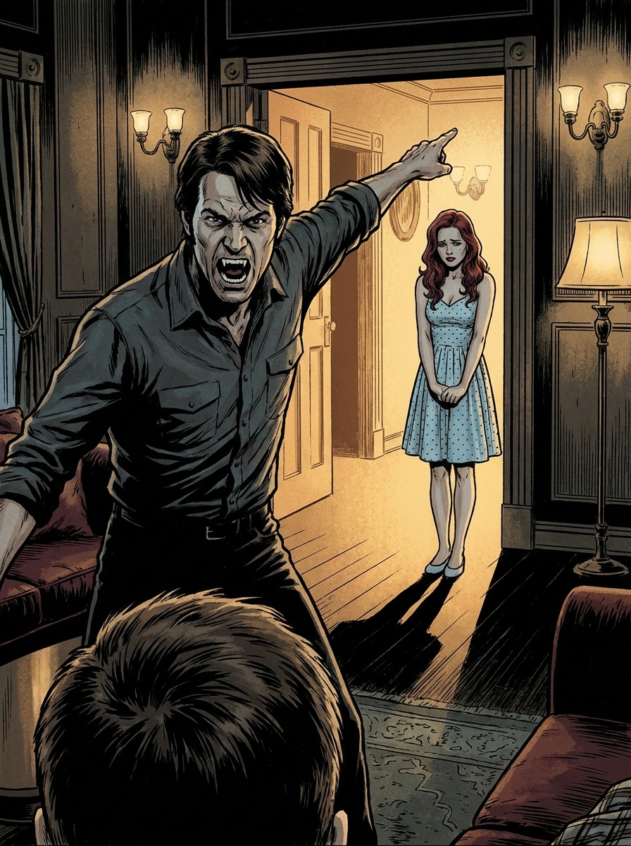4LB — LEFT option B · Bill's arm flung high toward the door · Jessica further back in the hall