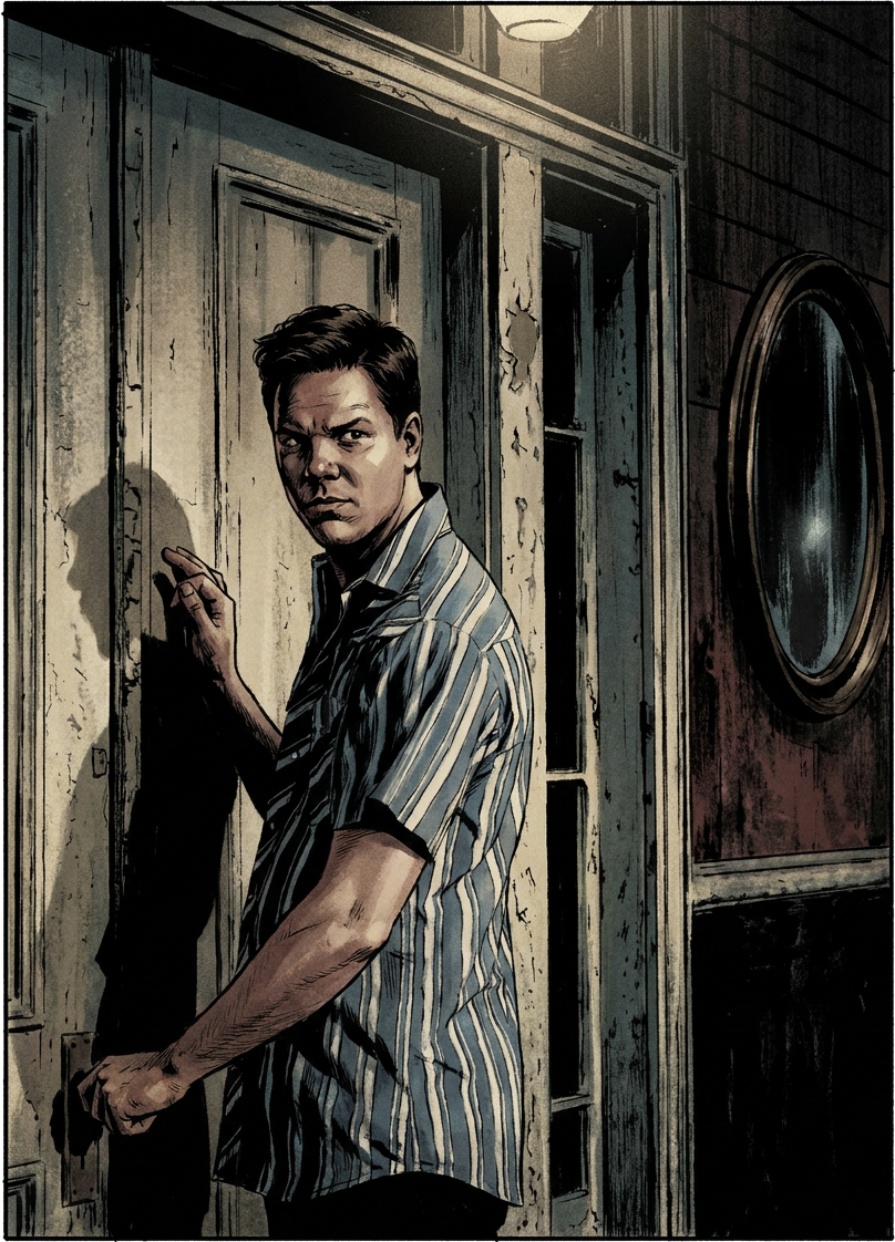 4RA — RIGHT option A · Hoyt at the weathered door, hand raised mid-knock, glancing back