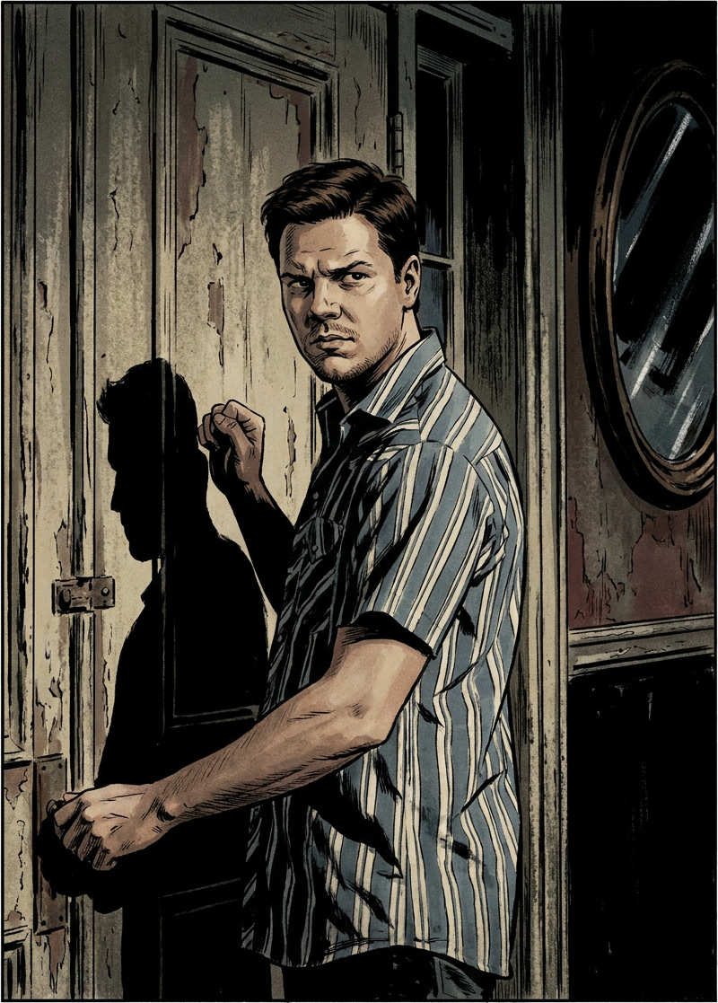 4RB — RIGHT option B · closer at the door, hand on the handle, harder stare back
