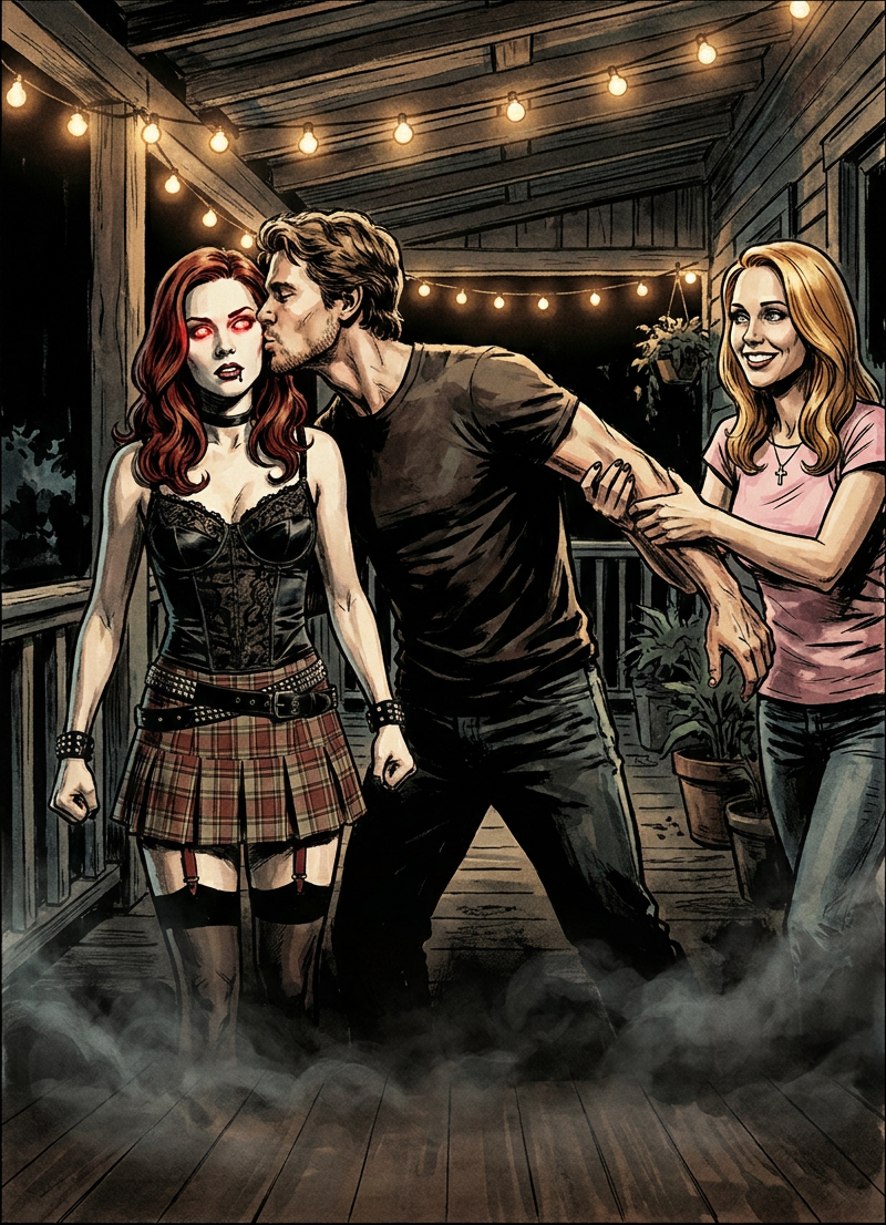 Sarah takes Jason / Heart-rip wink — left panel