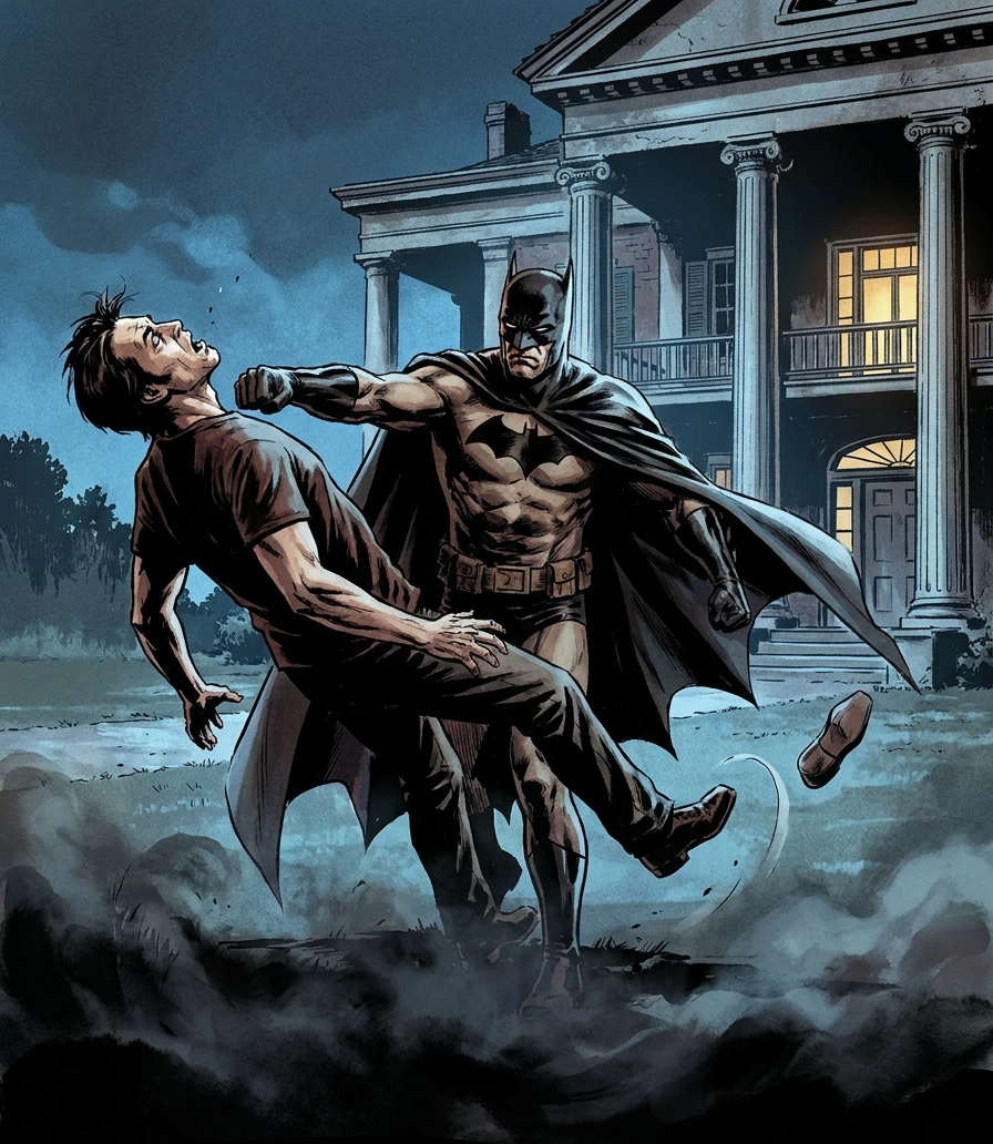 Batman leaps in / Batman punches Bill — right panel