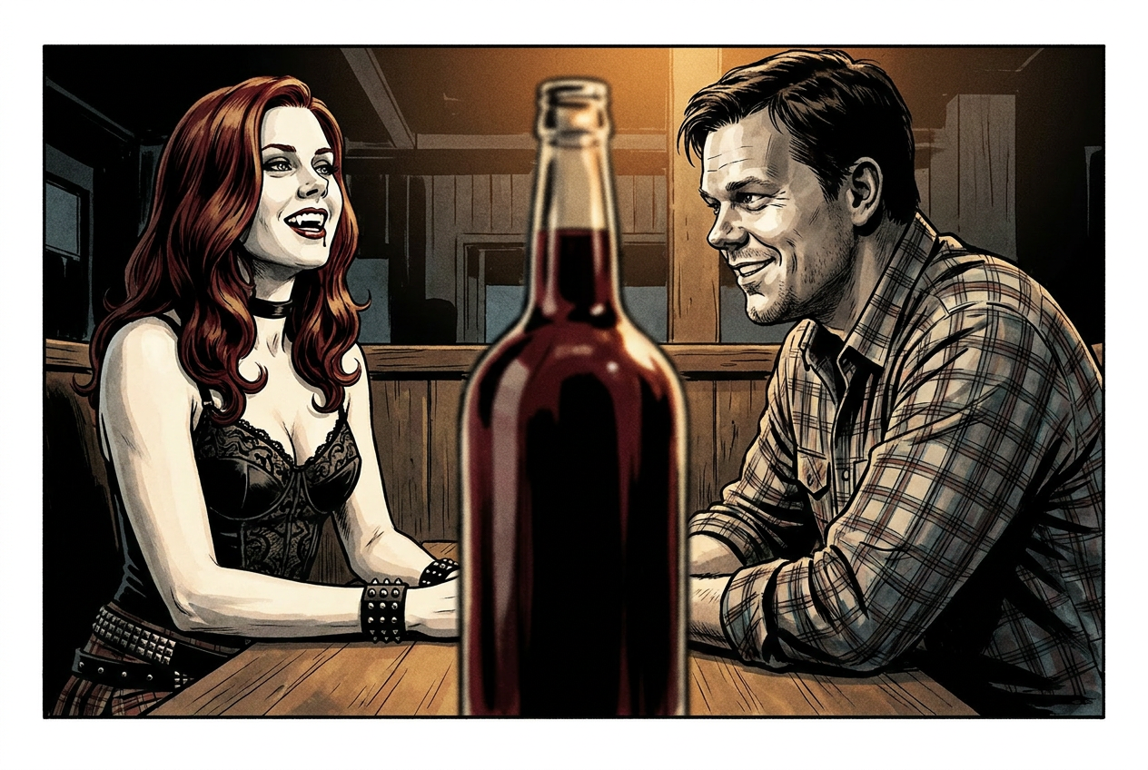 2C — Close two-shot · True Blood foreground · lyric bar bottom