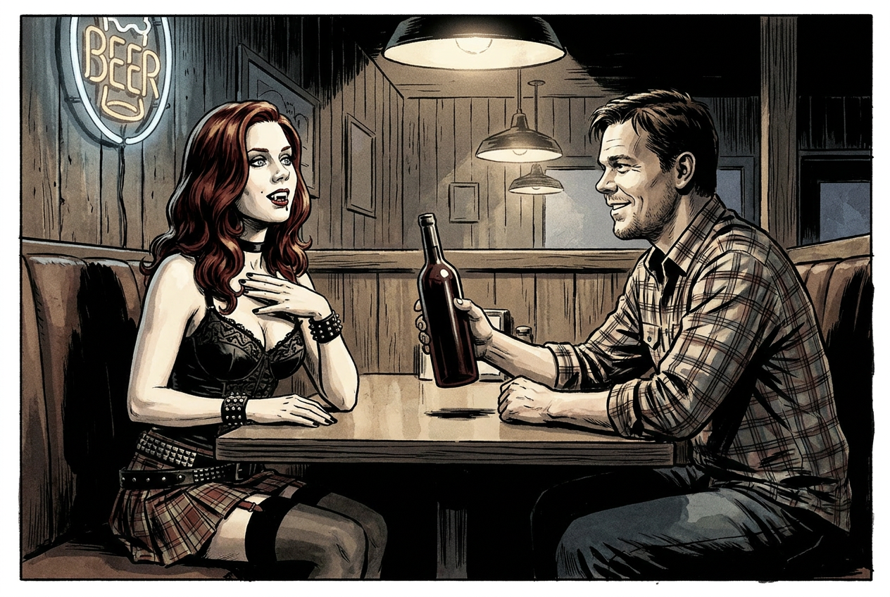 2D — Wider booth shot · Hoyt offers bottle · side-strip caption